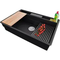 PrimaGran Spülbecken Anthrazit 78x53cm, Granitspüle 1 Becken + Ablauf-Set + Küchenzubehörset, Küchenspüle ab 80er Unterschrank - New York