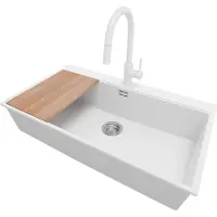 PrimaGran Granitspüle Weiß 88x50cm, Spülbecken 1 Becken + Küchenarmatur 40x20cm + Ablauf-Set + Schneidebrett, Küchenspüle ab 90er Unterschrank - Oslo