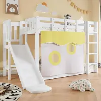 Great han Etagenbett Kinderbett 90x200 Weiß mit Rutsche Treppe und Bettvorhang Hochbett Spielbett aus Kiefernholz ohne Matratze Rausfallschutz Treppenregal