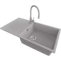 PrimaGran Granitspüle Grau 90x50cm, Spülbecken 1 Becken + Küchenarmatur 38x14cm + Ablauf-Set, Küchenspüle ab 60er Unterschrank - Ibiza