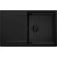 PrimaGran Spülbecken Alles Schwarz 78x50cm, Granitspüle 1 Becken + Ablauf-Set + Aufrollbare Abtropffläche, Küchenspüle ab 50er Unterschrank - San Francisco