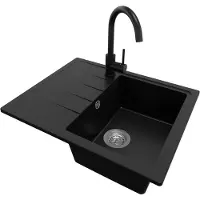 PrimaGran Granitspüle Schwarz 62x50cm, Spülbecken 1 Becken + Küchenarmatur 32x20cm + Ablauf-Set, Küchenspüle ab 40er Unterschrank - Mailand