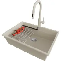 PrimaGran Granitspüle Beige 66x47cm, Spülbecken 1 Becken + Küchenarmatur 40x20cm + Ablauf-Set + Küchenzubehörset, Küchenspüle ab 70er Unterschrank - Praga Slim