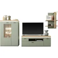 Freiraum Wohnwand >MONIZ< (3-teilig) mit LED, Salbei grün/Eiche Evoke Nachbildung - 324x198x44 (BxHxT)