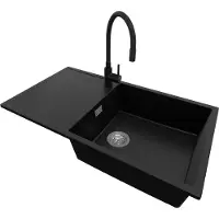 PrimaGran Granitspüle Schwarz 90x50cm, Spülbecken 1 Becken + Küchenarmatur 40x38cm + Ablauf-Set, Küchenspüle ab 60er Unterschrank - Ibiza