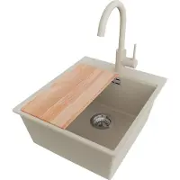 PrimaGran Granitspüle Beige 43x50cm, Spülbecken 1 Becken + Küchenarmatur 32x20cm + Ablauf-Set + Schneidebrett, Küchenspüle ab 45er Unterschrank - Oslo