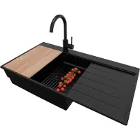 PrimaGran Granitspüle Alles Schwarz 90x50cm, Spülbecken 1 Becken + Ablauf-Set + Küchenzubehörset, Küchenspüle ab 60er Unterschrank - Sydney