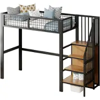 Xkiss Hochbett,Etagebett(Schwarz) mit Leiter, Kinderbett mit Eisenrahmen und Aufbewahrungsregal, Kleiderschrank