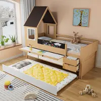 Xkiss Kinderbett mit Schubladen und Ausziehbett Baumhausbett Hausbett Jugendbett Etagenbett 90x200&90*190cm Weiß+Natur