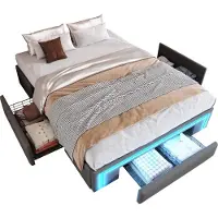 Xdovet Bettgestell 140X200 mit Schubladen, PolyurethanBett ohne Kopfteil Mit LED-Lichtleiste, Metalllatten Plattformbett für moderne Schlafzimmer