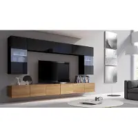 EURO-MEBLE Wohnwand CALABRINI-1 Hängewohnwand, Modern, Schwarz, Hochglanz, mit LED-Beleuchtung, gehärtetes Glas, grifflos, 5 cm, (Schwarz / Eiche Gold)