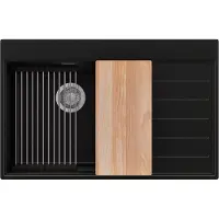 PrimaGran Spülbecken Schwarz 78x50cm, Granitspüle 1 Becken + Ablauf-Set + Küchenzubehörset, Küchenspüle ab 50er Unterschrank - Sydney