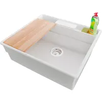 PrimaGran Spülbecken Weiß 58x53cm, Granitspüle 1 Becken + Ablauf-Set + Küchenzubehörset, Küchenspüle ab 60er Unterschrank - New York