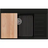 PrimaGran Spülbecken Schwarz 78x50cm, Granitspüle 1 Becken + Ablauf-Set + Küchenzubehörset, Küchenspüle ab 60er Unterschrank - Sydney