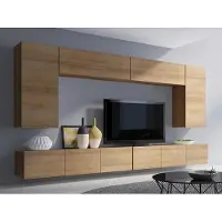 EURO-MEBLE Wohnwand CALABRINI-13 Hängewohnwand Set, 6-teilig, Weiß Hochglanz Modern, PVC-Furnier Spanplatte, grifflos, TV-Schränke (Eiche Gold)
