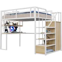 Xkiss Metall-Hochbett 140 x 200 cm Mit Aufbewahrungsleiter und Einfachem Kleiderschrank, Mit Ablage, Tisch und Netzregal. Stabiler Metallrahmen, Hochbett