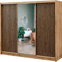 AGMAT-FURNITURE Schwebetürenschrank Durres 250 L, 3 Türen Kleiderschrank mit 1 Spiegel, Moderne Garderobe, Schrank in Größe: 250 x 215 x 60 cm