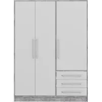Freiraum Drehtürenschrank >JUPITER < 3 Türen, 3 Schübe, Betonoptik / Weiss - 144,6x200x60 (BxHxT)