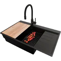 PrimaGran Granitspüle Alles Schwarz 78x50cm, Spülbecken 1 Becken + Ablauf-Set + Küchenzubehörset, Küchenspüle ab 60er Unterschrank - Sydney