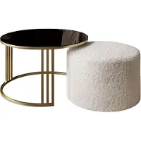 Lookway Couchtisch mit Hocker LORI GLASS gebürstetes Gold/schwarzes Glas, Coral 65