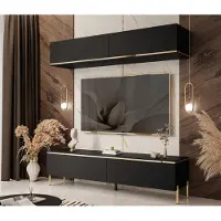 Lookway Wohnwand AURORA II schwarz matt auf Beinen mit gerade gold Chrom
