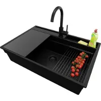 PrimaGran Granitspüle Alles Schwarz 78x53cm, Spülbecken 1 Becken + Ablauf-Set + Küchenzubehörset, Küchenspüle ab 80er Unterschrank - Oslo Pocket