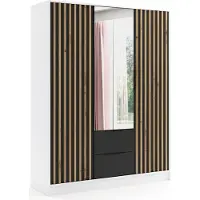 ALTDECOR Kleiderschrank NERA mit Spiegel und selbstschließenden Flügeltüren mit Lamel - 150 cm Weiß / Schwarz / Artisan