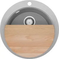 PrimaGran Spülbecken Rund Grau 53x53cm, Granitspüle 1 Becken + Ablauf-Set + Schneidebrett, Küchenspüle ab 50er Unterschrank - Pisa Max