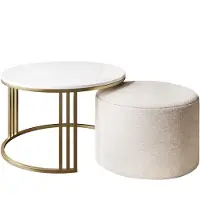 Lookway Couchtisch mit Hocker LORI Hochglanz Gold gebürstet/weißer Glanz, Perfect Harmony 01