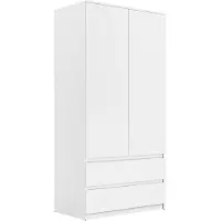 Lookway Kleiderschrank HANA Weiß 2-türig mit 2 Schubladen und Kleiderstange 90x180x50 cm