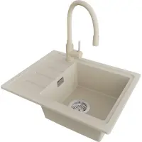 PrimaGran Granitspüle Beige 55x44cm, Spülbecken 1 Becken + Küchenarmatur 38x14cm + Ablauf-Set, Küchenspüle ab 45er Unterschrank - Kopenhagen Easy