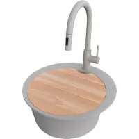 PrimaGran Granitspüle Grau 50x50cm, Spülbecken Rund 1 Becken + Küchenarmatur 40x20cm + Ablauf-Set + Schneidebrett, Küchenspüle ab 45er Unterschrank - Pisa