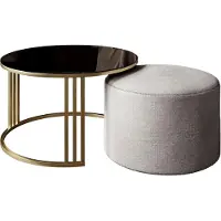 Lookway Couchtisch mit Hocker LORI GLASS gebürstetes Gold/schwarzes Glas, Perfect Harmony 82