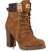Mytrendshoe Damen Schnürstiefeletten Worker Boots Stiefeletten Block Absatz 812259, Farbe: Braun, Größe: 40