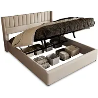 Xdovet Stauraumbett Polsterbett Hydraulisch Doppelbett 140x200cm, Lattenrost aus Holz, Bett mit Lattenrost aus Metallrahmen, Leinen, Beige