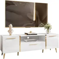 Lookway TV-Schrank ONYX auf goldenen Beinen Weiß Hochglanz 158 cm mit Griffe