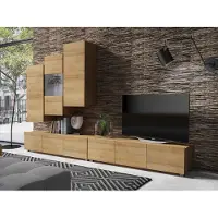 EURO-MEBLE Wohnwand CALABRINI-17 Wohnzimmer-Set Hängewohnwand Schrankwand mit LED-Beleuchtung TV-Schrank Vitrine Moderne Anbauwand Hochglanz (Eiche Gold)