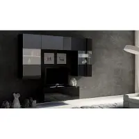 EURO-MEBLE Wohnwand CALABRINI-10 Wohnzimmer-Set Hängewohnwand Schrankwand mit LED-Beleuchtung TV-Schrank Vitrine Moderne Anbauwand Hochglanz (Schwarz Hochglanz)