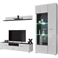 EURO-MEBLE Wohnwand Schrankwand SOLIDO SINGLE - Weiß Hochglanz mit LED Beleuchtung TV Wand [Norwegische Kiefer Schwarz / Weiß Hochglanz]