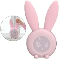Slyrun Nachtlicht,Kinder Wecker, mit niedlicher rosa Hasen, Snooze Funktion, 6 Melodien, Touch-Bedienung,für Kinder Mädchen Jungen