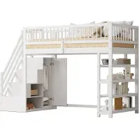 Xkiss Hochbett 90 x 200,Hochzaun-Sicherheitsdesign mit Kleiderschrank,Regalen und Stauraum mit Sicherheitskletterleiter,Multifunktionsbett,Massivholzbett