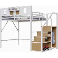 Xkiss Metall-Hochbett(140x200,Weiss)mit Stauraumleiter,Fenster,Holzplatten,Einzigartige Erhöhte Umzäunung,Ablagefläche,Stabiler Metallrahmen