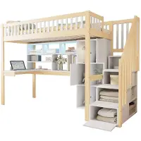 Xkiss Hochbett, 90*200cm , Mit LED-Leuchten, Ablageleiter, Regale, Ablagefächer, Schreibtisch, ohne Matratze,Weiß+Natur