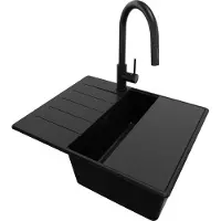 PrimaGran Granitspüle Alles Schwarz 62x50cm, Spülbecken 1 Becken + Ablauf-Set + Küchenzubehörset, Küchenspüle ab 45er Unterschrank - Kopenhagen