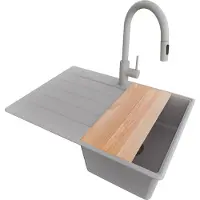PrimaGran Granitspüle Grau 70x50cm, Spülbecken 1 Becken + Küchenarmatur 40x20cm + Ablauf-Set + Schneidebrett, Küchenspüle ab 40er Unterschrank - Kopenhagen