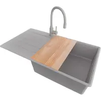 PrimaGran Granitspüle Grau 90x50cm, Spülbecken 1 Becken + Küchenarmatur 38x14cm + Ablauf-Set + Schneidebrett, Küchenspüle ab 60er Unterschrank - Kopenhagen