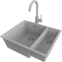 PrimaGran Granitspüle Grau 56x47cm, Spülbecken 1,5 Becken + Küchenarmatur 32x20cm + Ablauf-Set, Küchenspüle ab 60er Unterschrank - London Slim Duo