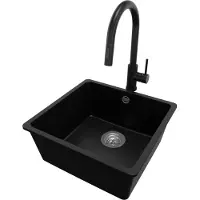 PrimaGran Unterbauspüle Granit Schwarz 46x44cm, Spülbecken 1 Becken + Küchenarmatur 40x20cm + Ablauf-Set, Granitspüle ab 50er Unterschrank - Venedig Easy