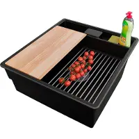 PrimaGran Spülbecken Schwarz Metallic 48x53cm, Granitspüle 1 Becken + Ablauf-Set + Küchenzubehörset, Küchenspüle ab 50er Unterschrank - New York