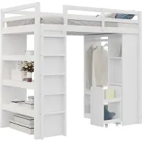 Xkiss Kinderhochbett,Jugendbett,Einzelbett(Weiß)Mit Mehrstufigen Regalen,Einfachen Kleiderbügeln und Ablagefächern,Mit 1 Herausnehmbaren Organisationswagen